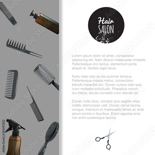 Hair salon poster template. Pattern with scissors, hair spray and gel, different style combs. Banner for barber shop. Professional tools. Vector illustration.