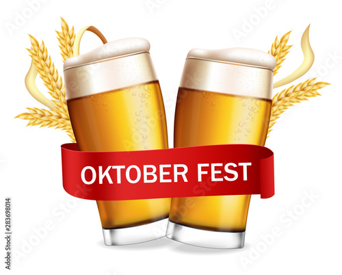 Beer glasses October fest poster Vector realistic. Fresh sparkling drink. 3d ...