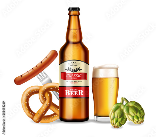 Beer bottle and fresh pretzel Vector realistic. Fresh drink product placement...