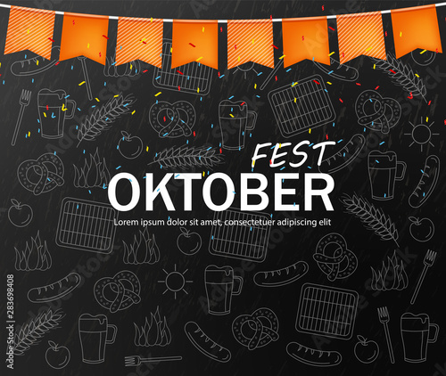 October fest welcome poster Vector realistic. Dark background. Beer and pretz...