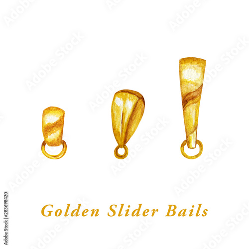 Watercolor drawn Golden Slider Bails, Pendant holder accessory for jewelry making. Isolated on white background Illustration photo