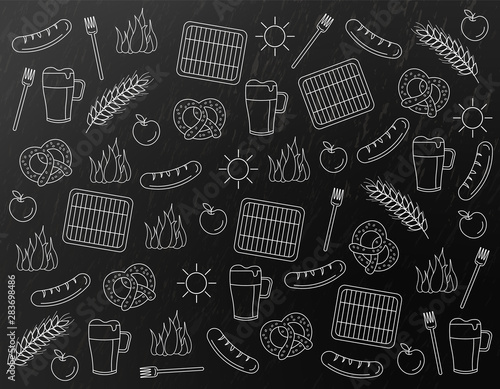 October fest pattern Vector. Dark background. Beer and pretzel line art backg...