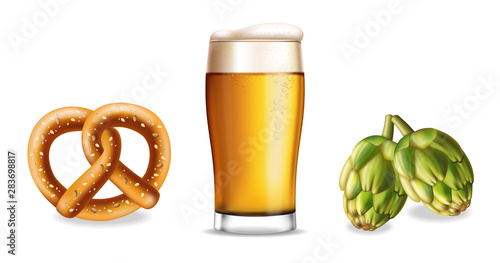 Pretzel beer and hop isolated Vector realistic set collections