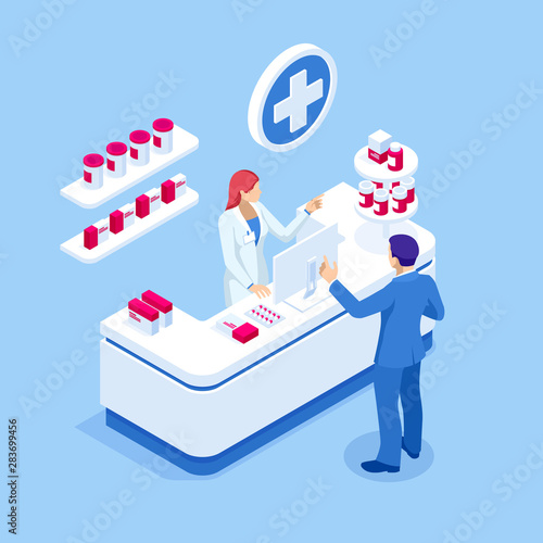 Isometric Pharmacy Store and Doctor pharmacist and patient. Woman pharmacist holding prescription checking medicine in the pharmacy. Health Care concept.