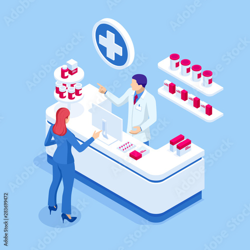 Isometric Pharmacy Store and Doctor pharmacist and patient. Woman pharmacist holding prescription checking medicine in the pharmacy. Health Care concept.
