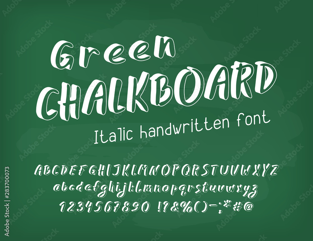 Italic handwritten font. Capital and small English alphabet letters, numbers and signs. 3D typeface, white color. Green chalkboard headline, dirty chalkboard background Italic handwritten font. Capital and small English alphabet letters, numbers and signs. 3D typeface, white color. Green chalkboard headline, dirty chalkboard background