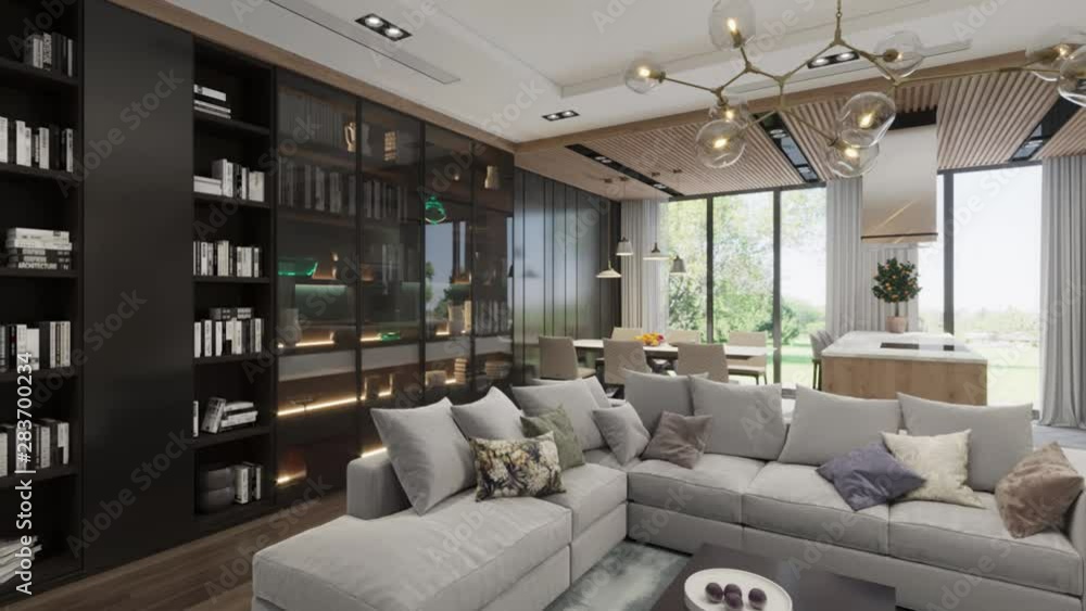 3d render. Camera span across a modern open living space with kitchen.