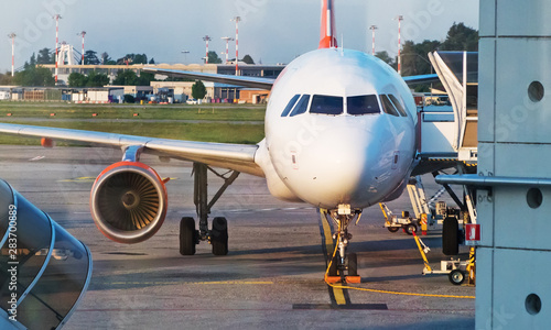 Passenger plane in the airport. Aircraft maintenance.