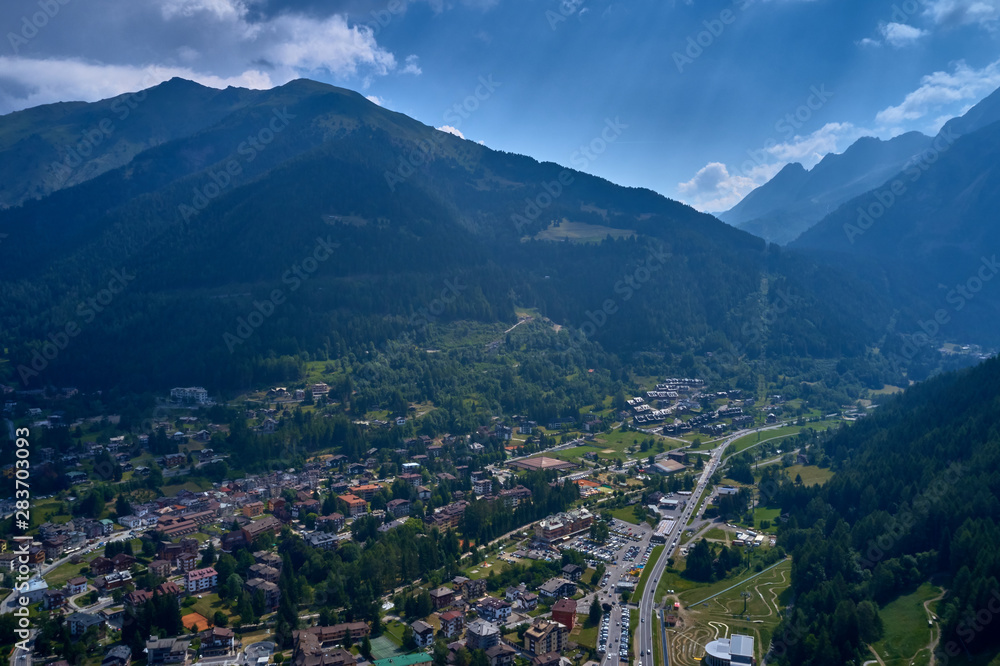 Panoramic view of the Ponte di Legno region of Trento the north of Italy. The popular ski resort town of Ponte di Legno. Summer time of the year. Aerial view. Photo taken on a drone.