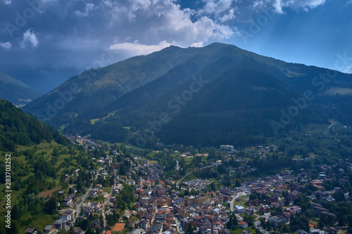 Panoramic view of the Ponte di Legno region of Trento the north of Italy. The popular ski resort town of Ponte di Legno. Summer time of the year. Aerial view. Photo taken on a drone.