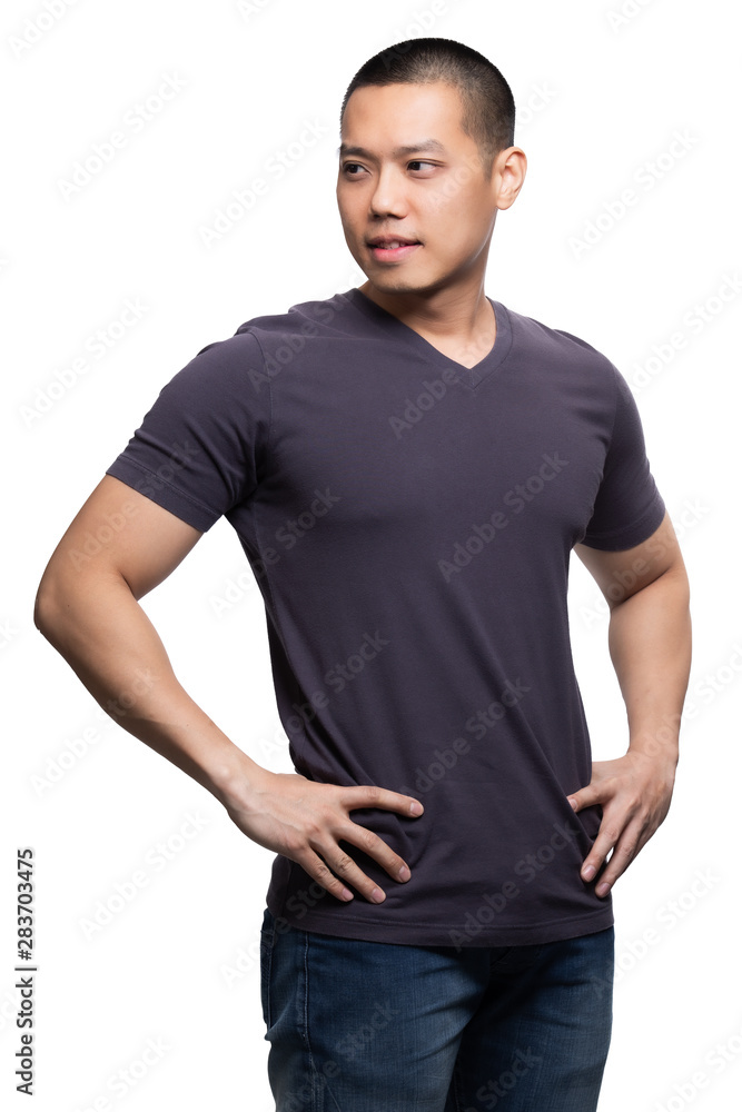 Grey on asian model for v-neck tshirt blank mockup template in your clothing design. Grey on asian model for v-neck tshirt blank mockup template in your clothing design.