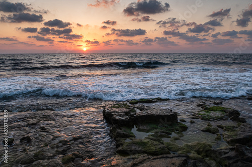 Summer day sunset on the Mediterranean coast in Nahariyya city in Israel