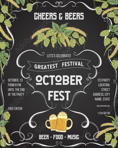 October fest beer festival. Cheers and beers invitation with hop, wheat and glasses of beer on chalkboard background. Design template for card, flyer, print, poster, ad. Vector illustration