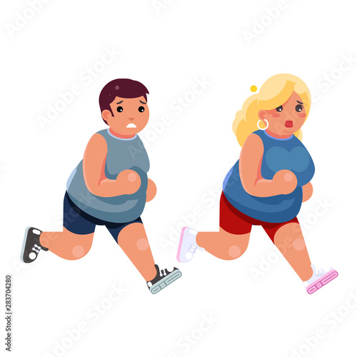 Fat woman man cardio running treadmill simulator fitness gym run exercise training lose weight concept flat design vector illustration