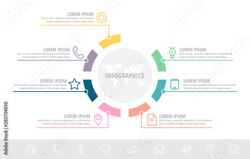 Unique vector infographic flat template circles with seven sectors, labels. Business concept with 7 options. For brochure, step for step, timeline, workflow, marketing, diagram, graph, presentation