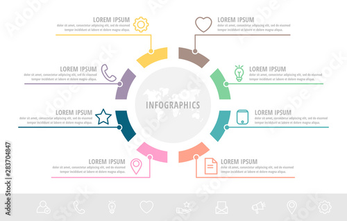 Unique vector infographic flat template circles with eight sectors, labels. Business concept with 8 options. For brochure, step for step, timeline, workflow, marketing, diagram, graph, presentation