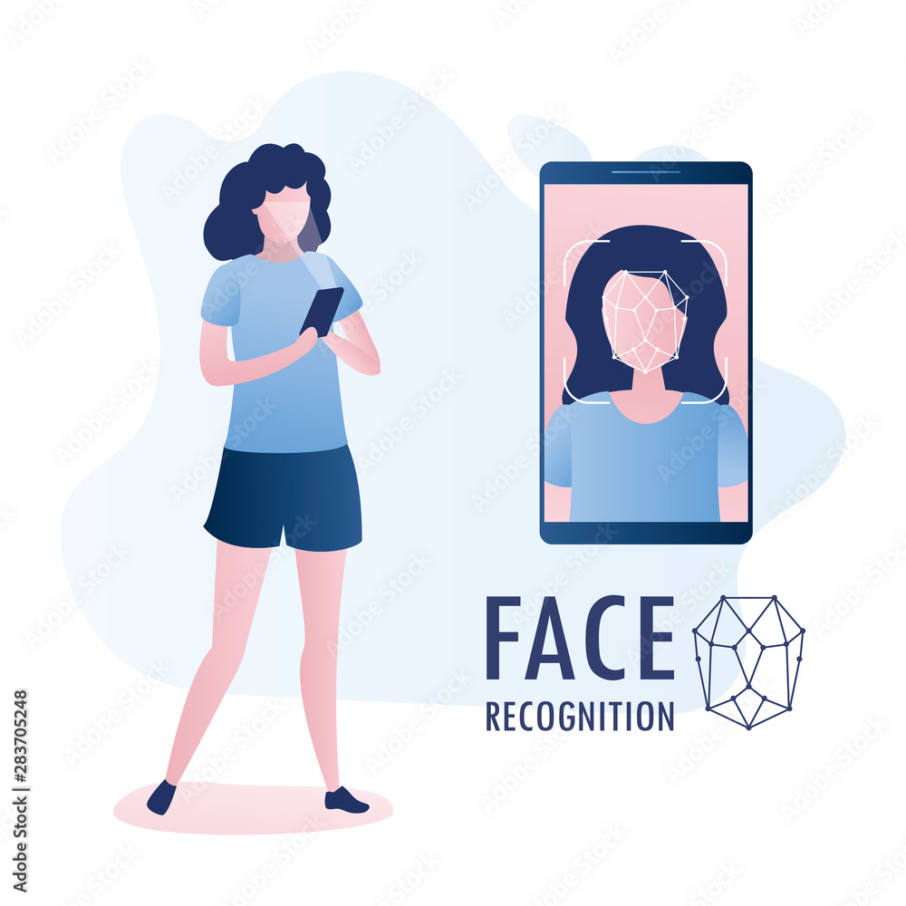 Female with mobile phone, face on big smartphone screen,Face id concept background,