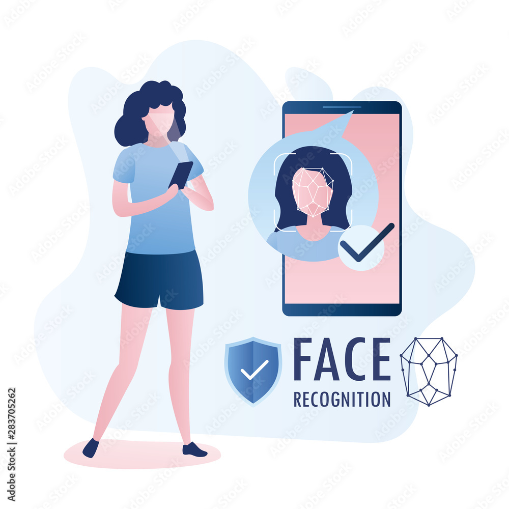 Female with mobile phone, face on big smartphone screen,Face id concept background, Female with mobile phone, face on big smartphone screen,Face id concept background,
