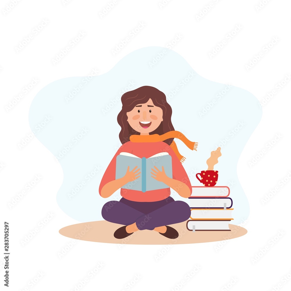 Young reading woman character with books and cup of coffee.Education illustration Young reading woman character with books and cup of coffee.Education illustration