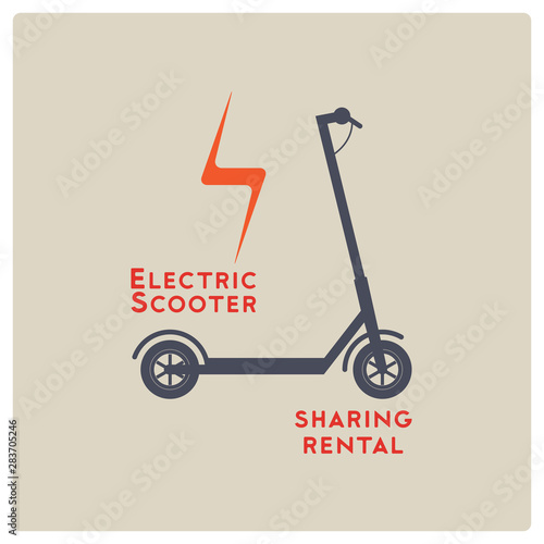 Electric scooter rental and sharing service typographical style poster, emblem, label or badge design. Vector illustration.