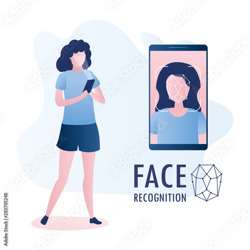 Female with mobile phone, face on big smartphone screen,Face id concept background,