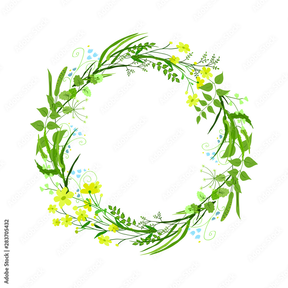 Round wreath of stylized field herbs and flowers. Delicate colors. Template for your design, floral greeting cards, announcements, posters.