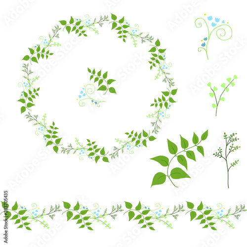 Round wreath of stylized herbs and plants. Delicate colors. Template for your design  floral greeting cards  announcements  posters.