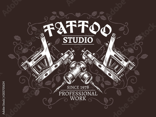 Design of poster for tattoo studio with two crossed tattoo machines in hand drawn engraving style