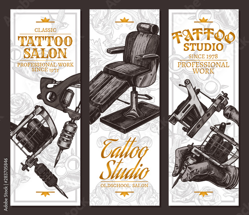 Hand drawn vertical vector tattoo salon banners with sketch engraving illustration on white. Monochrome templates set for tattooist studio