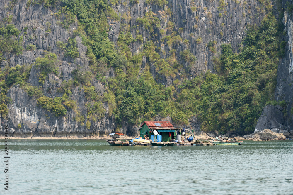 Fototapeta premium Vue rapprochée sur la Baie d'Ha Long et de Lan Ha avec des maisons formant des villages flottant