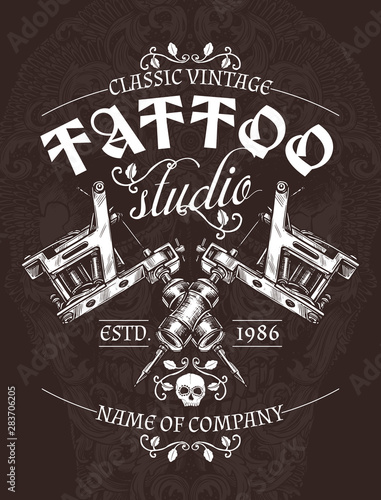 Tattoo studio vintage poster or emblem with typography in engraving vector style