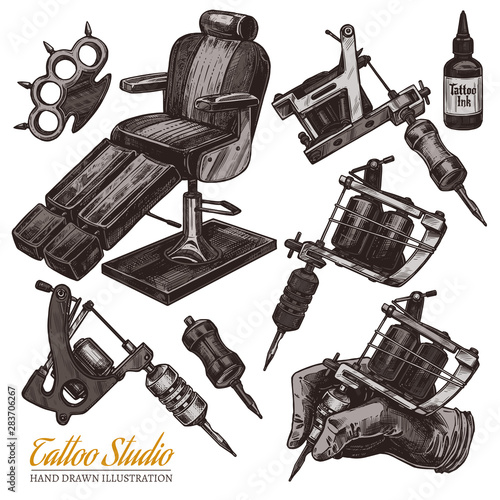 Vector hand drawn tattoo studio collection with sketch engraving illustration. Set with equipment and machines for tattooist and chair for salon