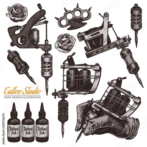 Vector hand drawn tattoo studio collection with sketch engraving illustration. Set with equipment and machines for tattooist and ink