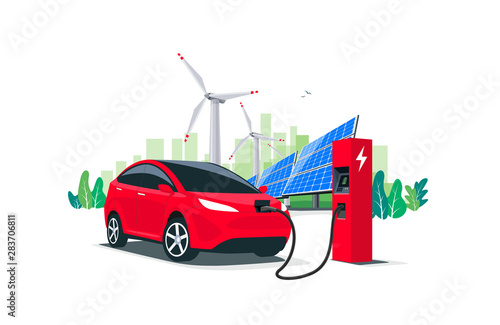 Electric suv car charging at the charger station with a young man holding the cable. Renewable energy wind turbines and solar panels city skyline in background. Isolated vector illustration concept. 