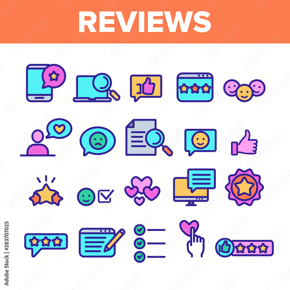 Color Reviews Thin Line Icons Set Vector. Reviews, Feedback And User Experience Of Client Linear Pictograms. Loyalty And Testimonials From Customer Dumptruck Illustrations