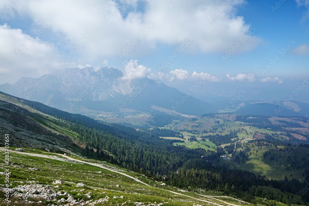 view from Gruppo del Catinaccio Rosengarten Group Dolomites, Italy, Hirzelweg