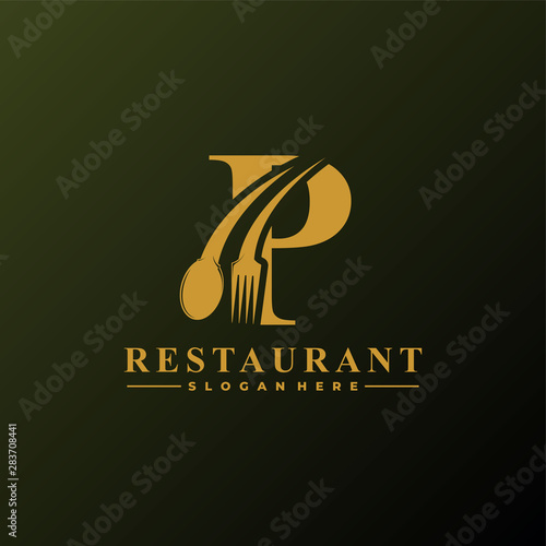 Initial Letter P Logo with Spoon And Fork for Restaurant logo Template. Editable file EPS10.