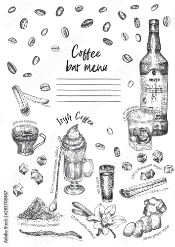 Vintage hand drawn sketch design bar, restaurant, cafe menu on white background. Graphic vector art. Irish coffee Whiskey with ice Creative template for flyer, banner, poster, brochure.