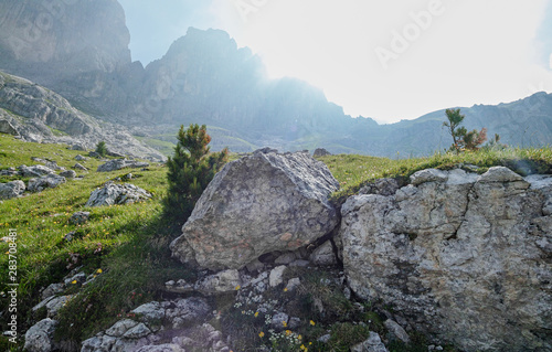 view from Gruppo del Catinaccio Rosengarten Group Dolomites, Italy, Hirzelweg