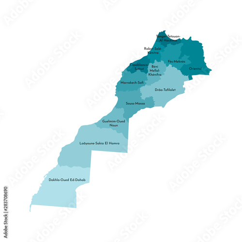 Vector isolated illustration of simplified administrative map of Morocco (including disputed territory of Western Sahara). Borders and names of the regions. Colorful blue khaki silhouettes