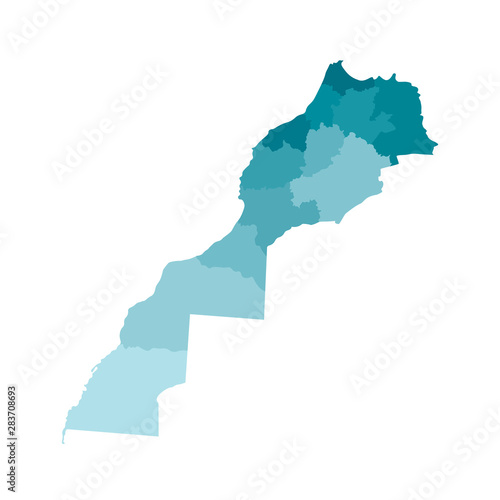 Vector isolated illustration of simplified administrative map of Morocco (including disputed territory of Western Sahara). Borders of the regions. Colorful blue khaki silhouettes