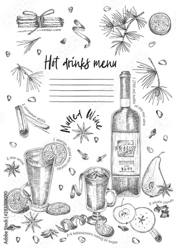 Vintage hand drawn sketch design bar, restaurant, cafe menu on white background. Graphic vector art. Mulled wine Creative template for flyer, banner, poster