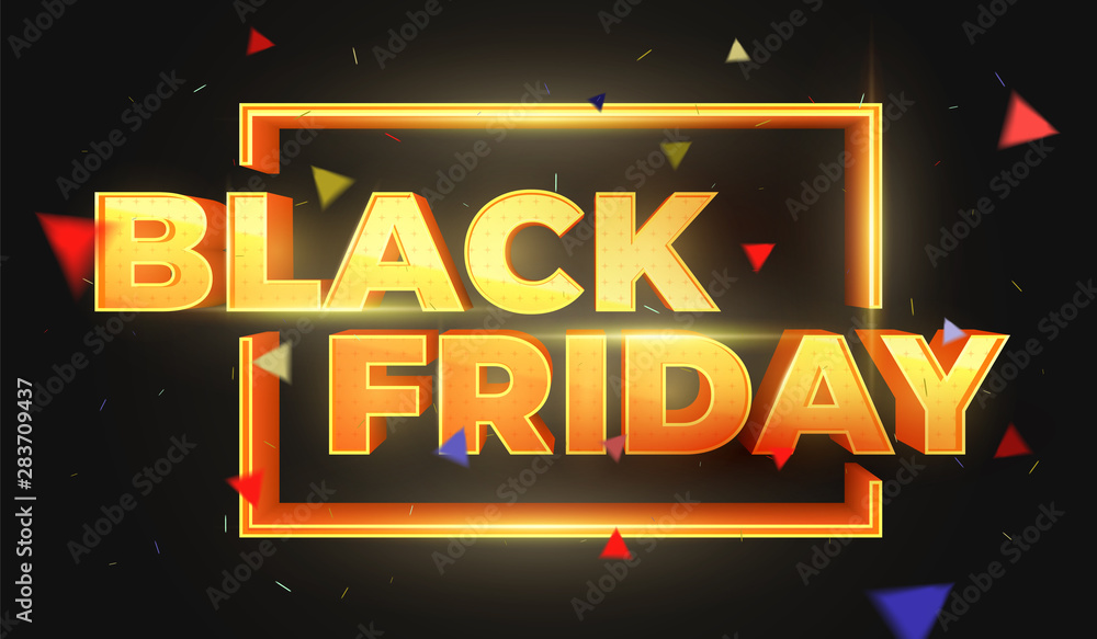 Black Friday 3D text. Sale banner template design. Beautiful discount and promotion banner. Letters with highlights and sparks. Luxury Golden 3D text. Design element for sale banners, posters, cards