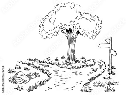Crossroad footpath graphic black white landscape sketch illustration vector