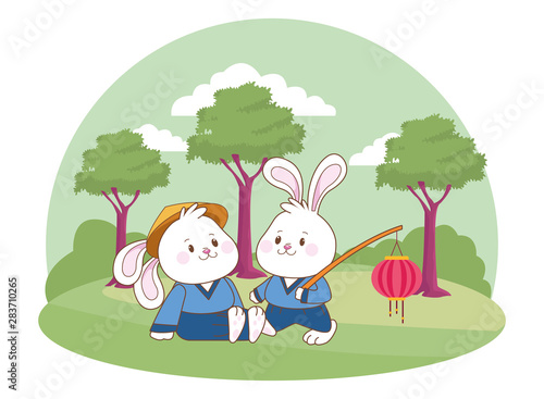 Rabbits in mid autumn festival cartoons