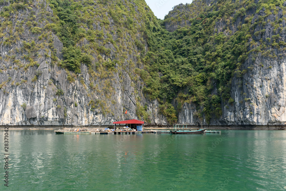 Vue rapprochée sur la Baie d'Ha Long et de Lan Ha avec des bateaux qui naviguent Vue rapprochée sur la Baie d'Ha Long et de Lan Ha avec des bateaux qui naviguent