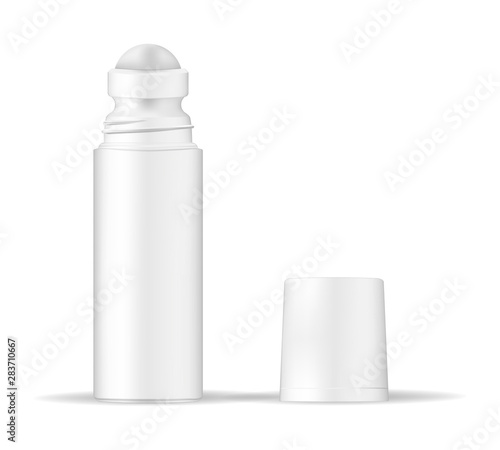 Body antiperspirant deodorant roll-on, open cosmetic container. Realistic mockup. Beauty skin care product package, vector mock-up
