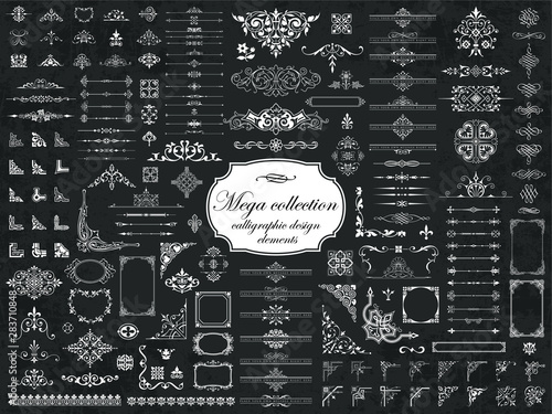 Mega set of vector calligraphic elements for design on chalkboard background
