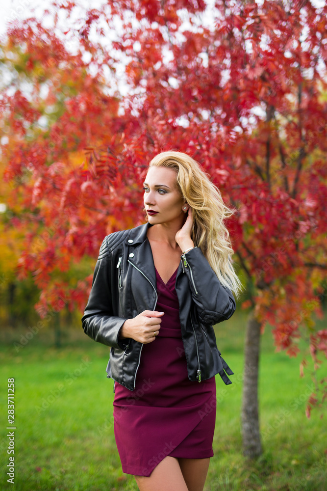 young attractive blond woman posing in autumn park young attractive blond woman posing in autumn park