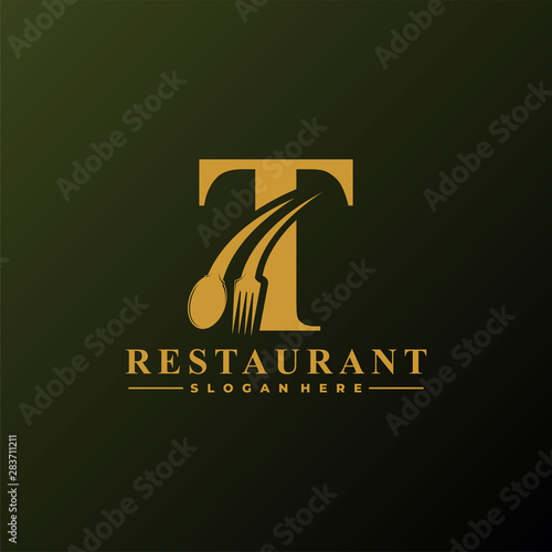Initial Letter T Logo with Spoon And Fork for Restaurant logo Template. Editable file EPS10.